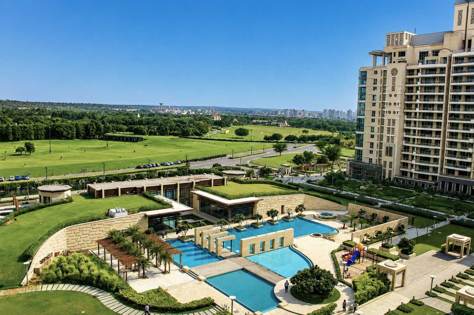 Pool deck with the golf course beyond