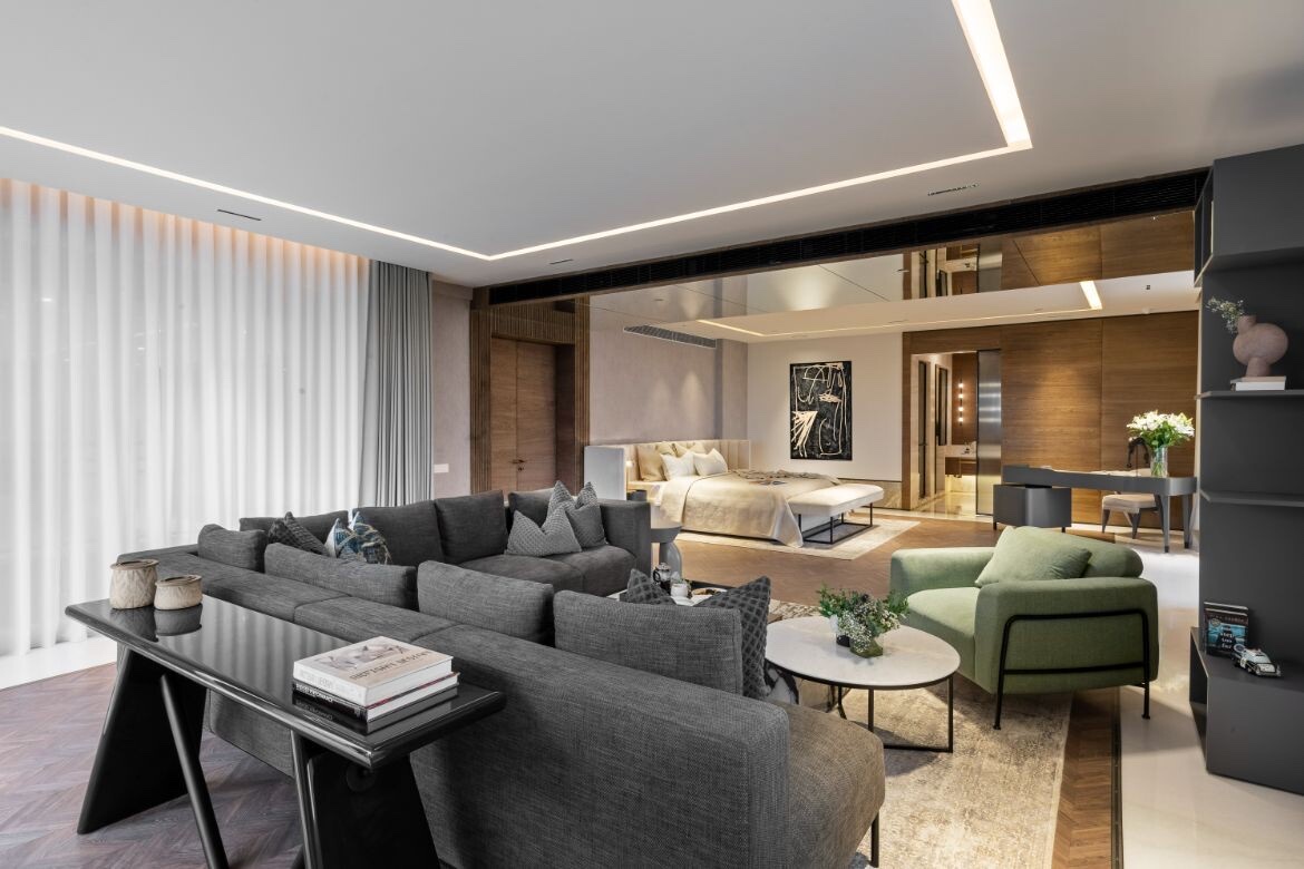 Living room with cove-lit ceiling