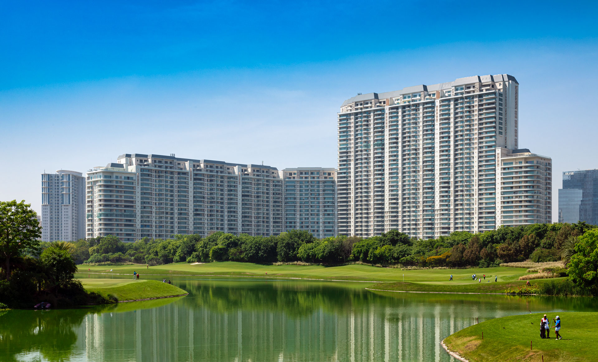 Facade across the water hazard of the DLF golf course