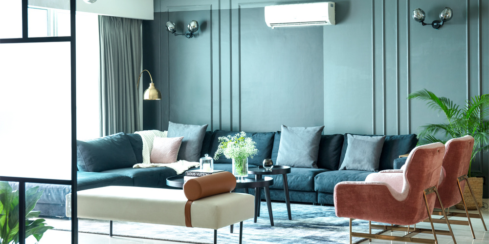 Living area in soft grey and teal
