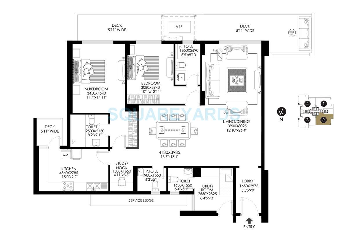 2 BHK + Study floor plan