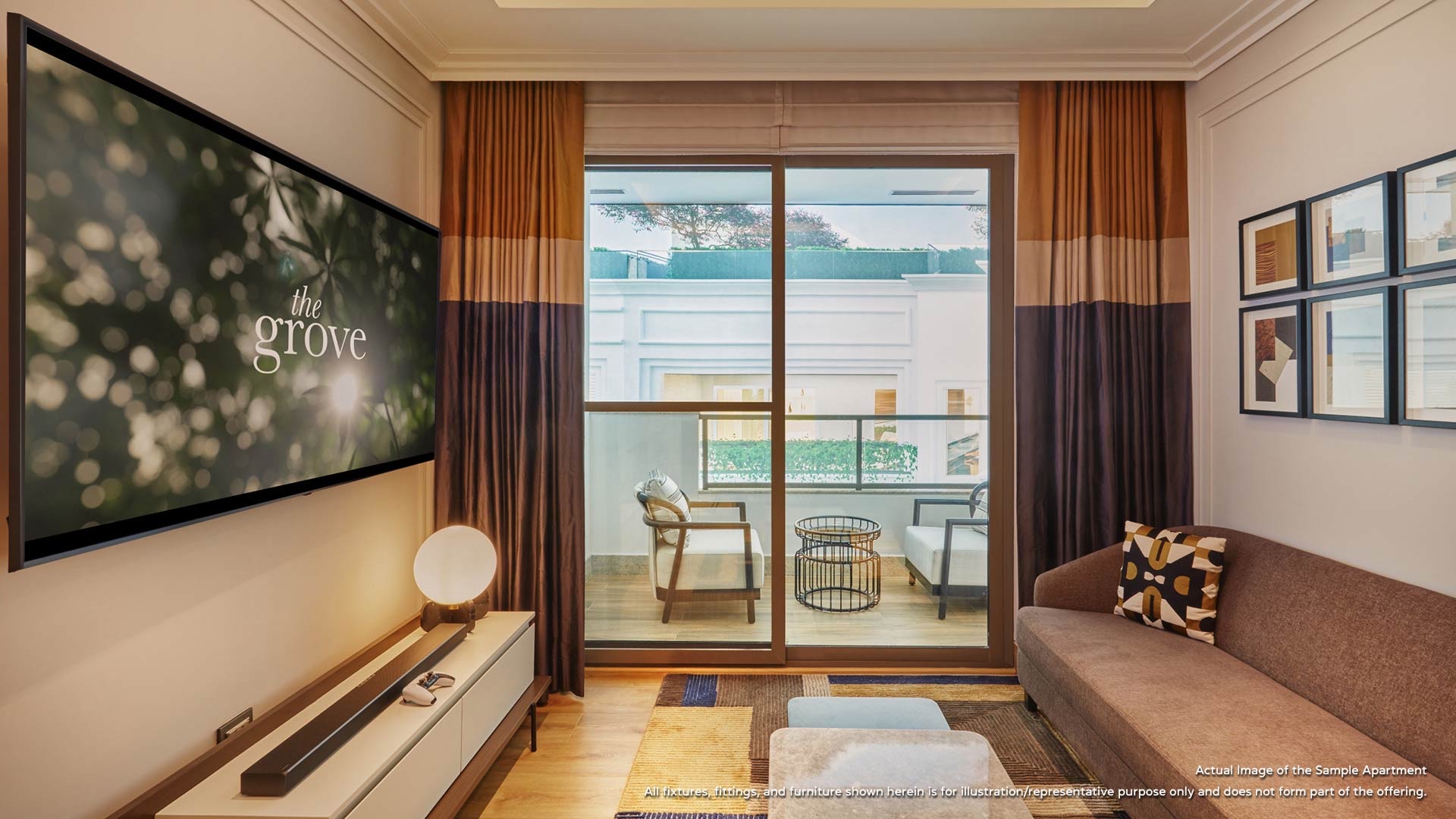 Entertainment lounge opening to a balcony
