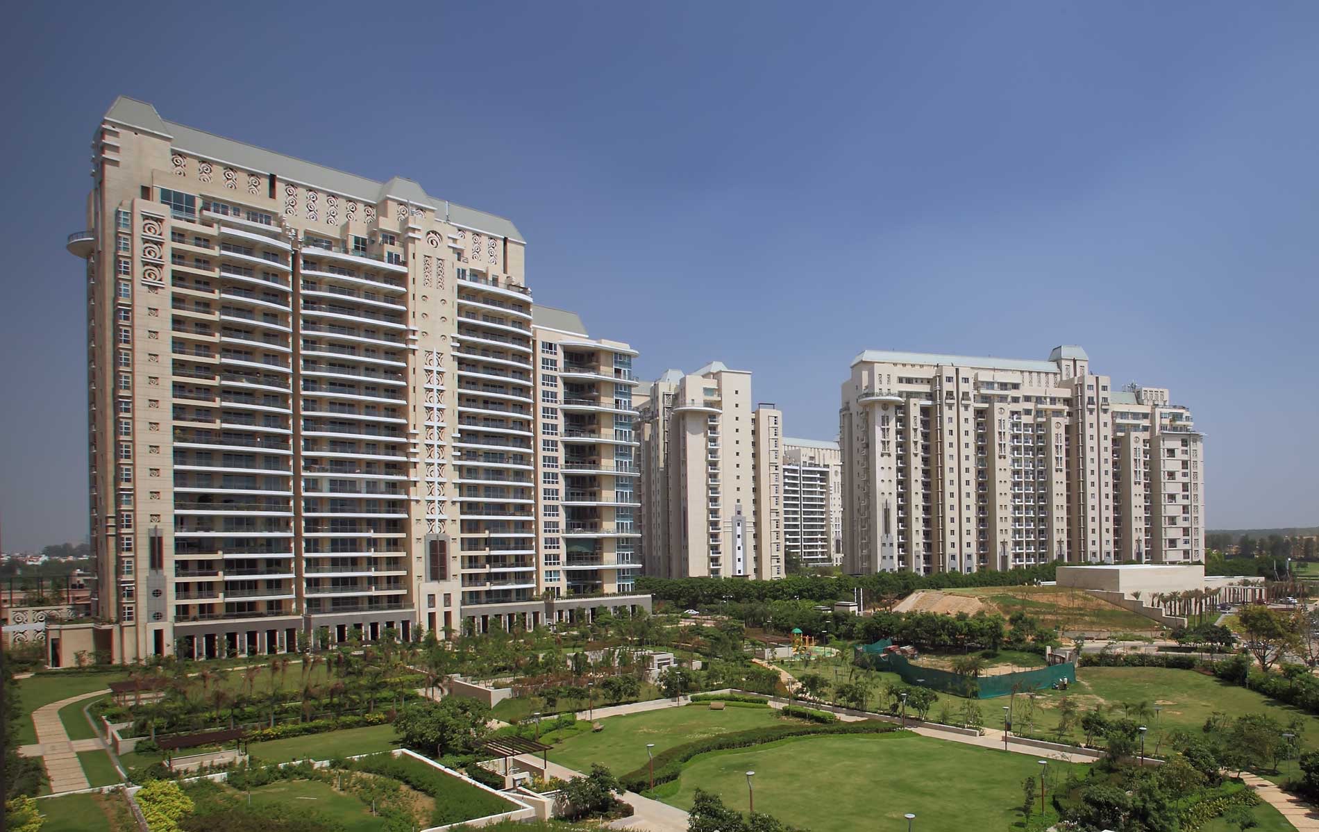 Residential towers above landscaped gardens