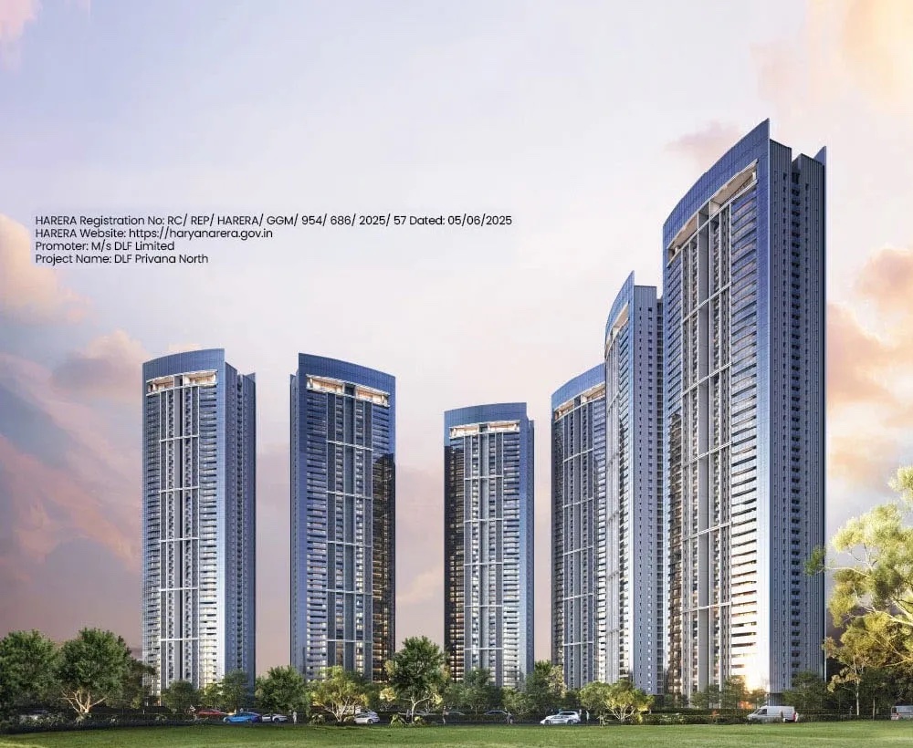 Privana North towers at dusk beside open parkland