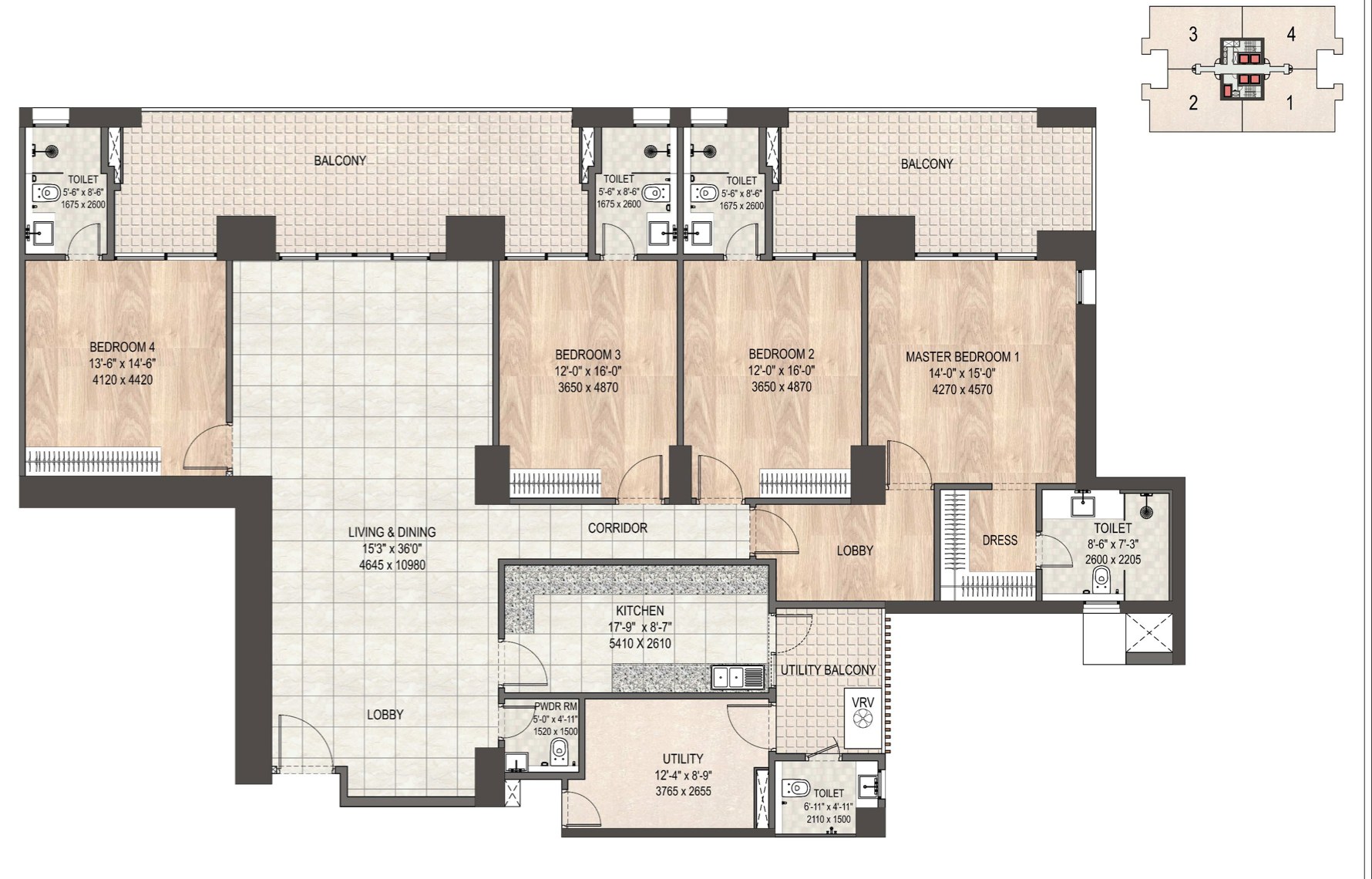 4 BHK + Utility floor plan