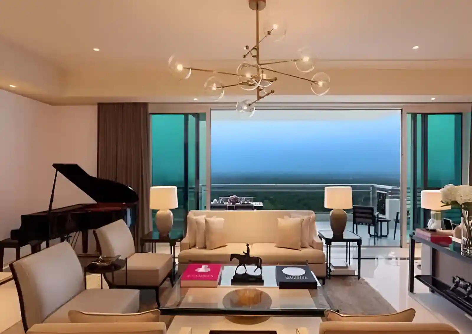 Formal living room with a grand piano and wide glazing