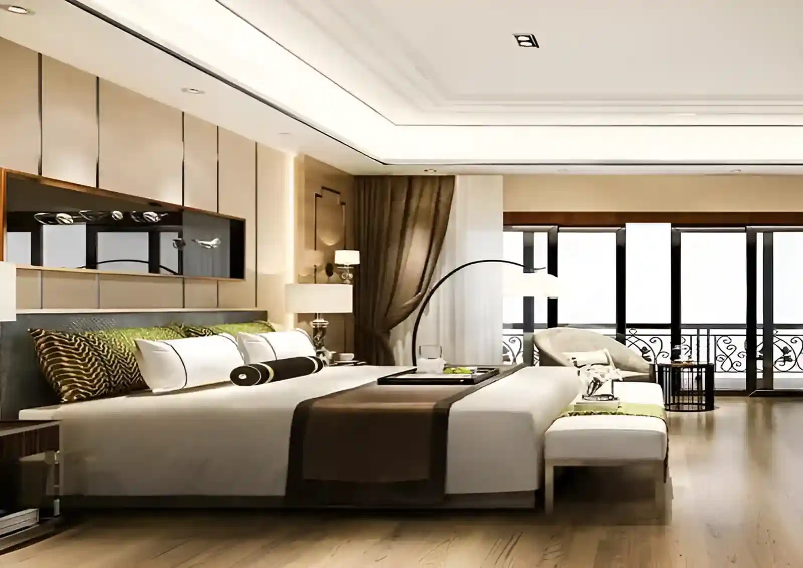 Master bedroom with panelled walls and balcony