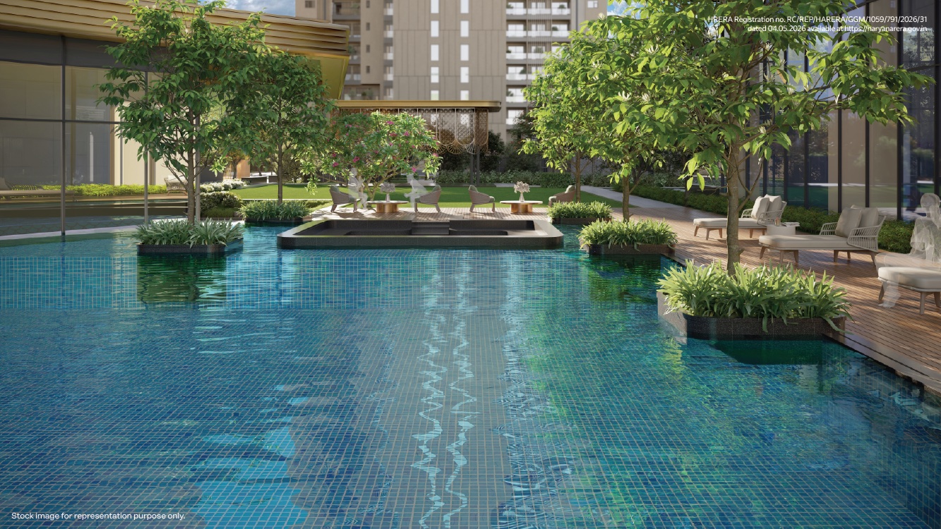 Lap pool with planted islands beneath the towers