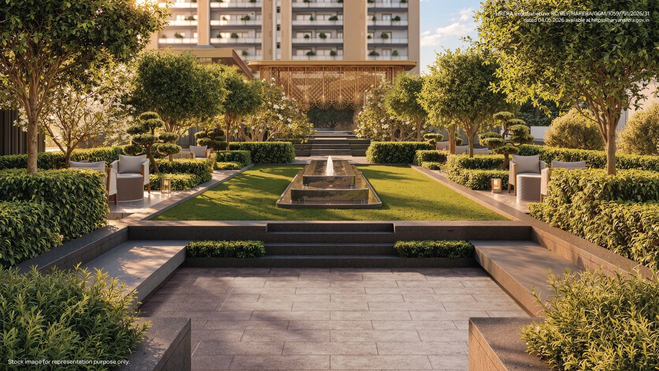 Formal garden with a central fountain