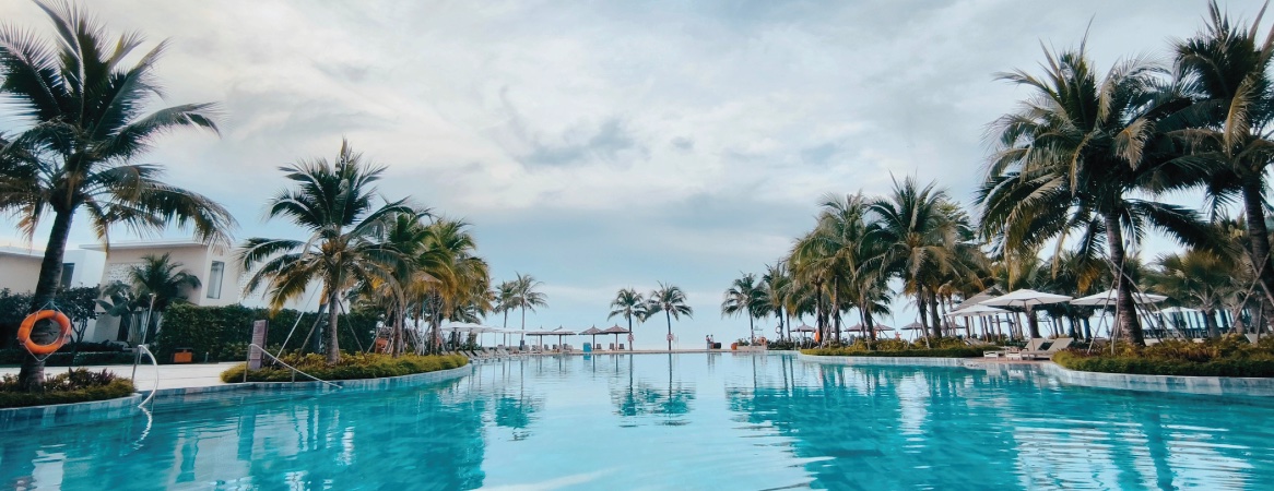 Palm-fringed resort pool (representative mood image)