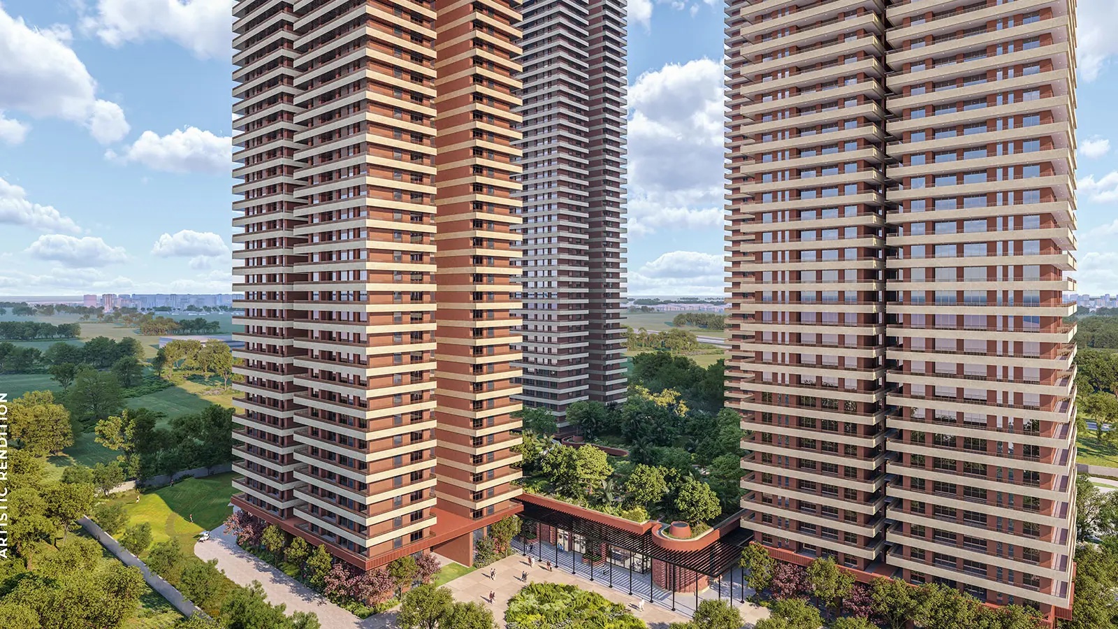 Terracotta-toned towers rising from the central greens