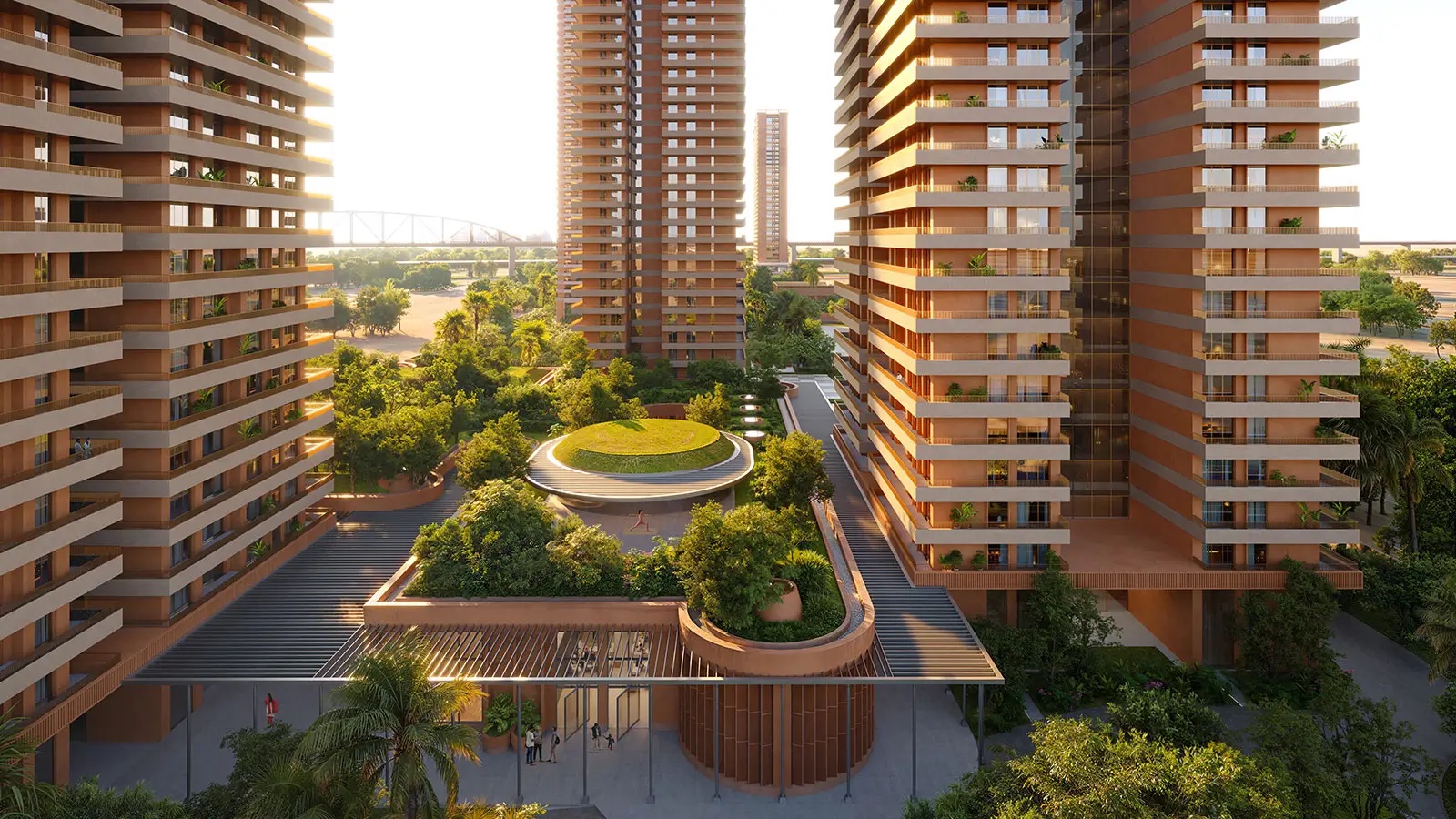 Landscaped podium and rooftop garden between towers