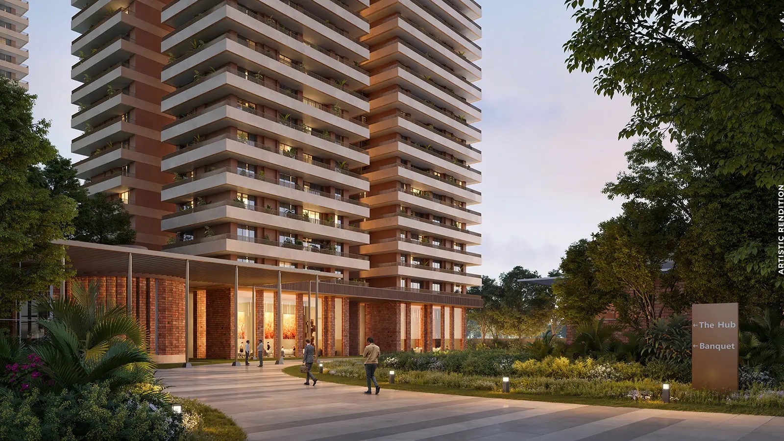 Arrival plaza and lobby framed by planting