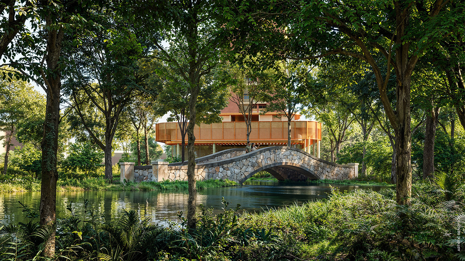 Stone footbridge across the estate's lake