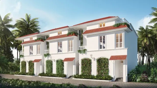 Row of whitewashed villas with terracotta roofs (render)