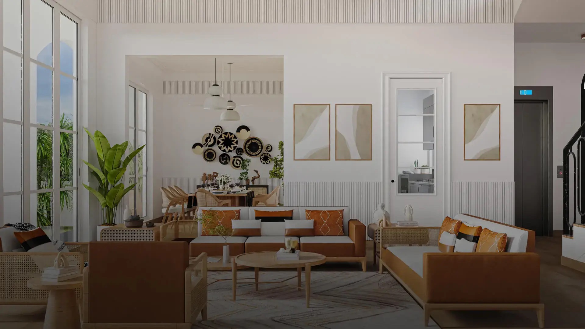 Bright double-height living room with arched windows