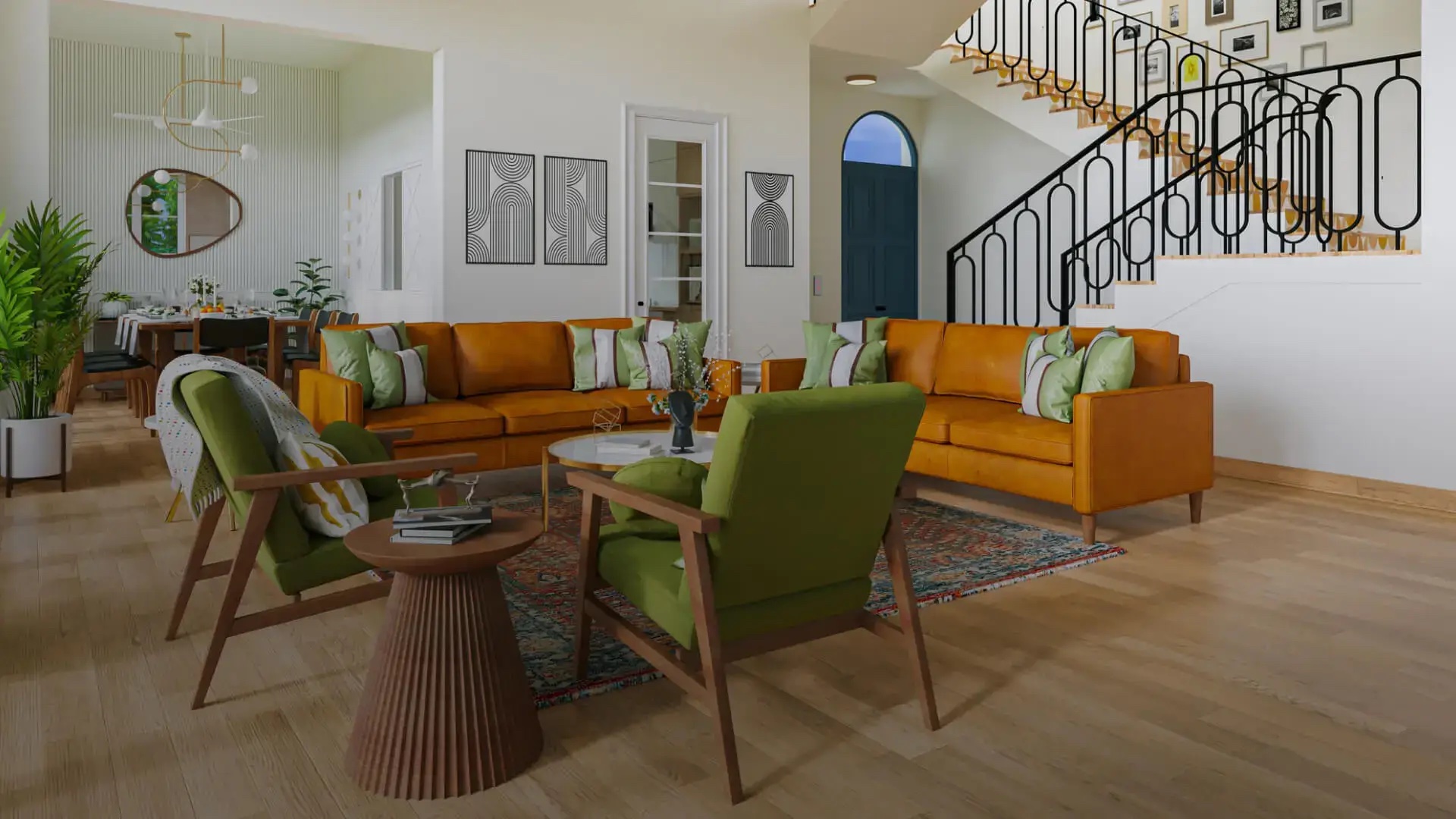 Living room with ochre sofas and wrought-iron stair