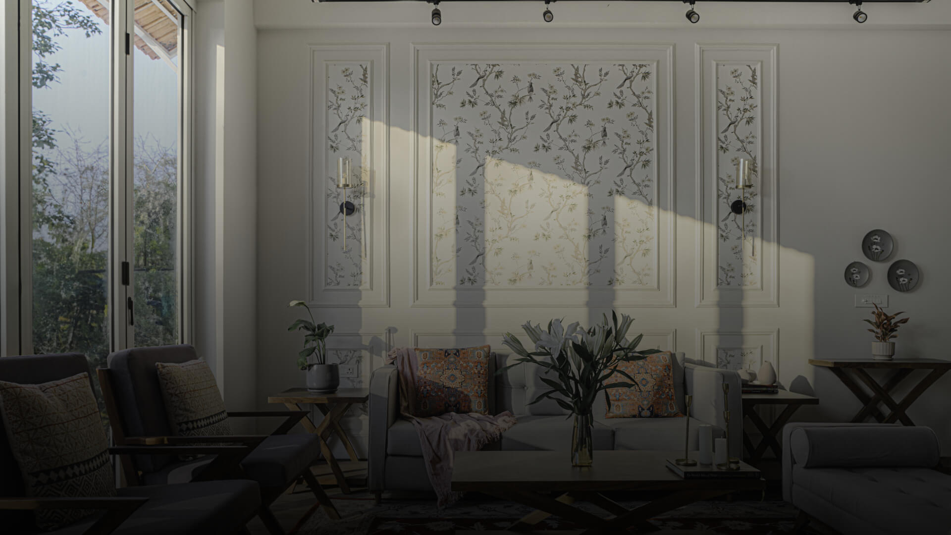 Living room with carved panel wall and garden light