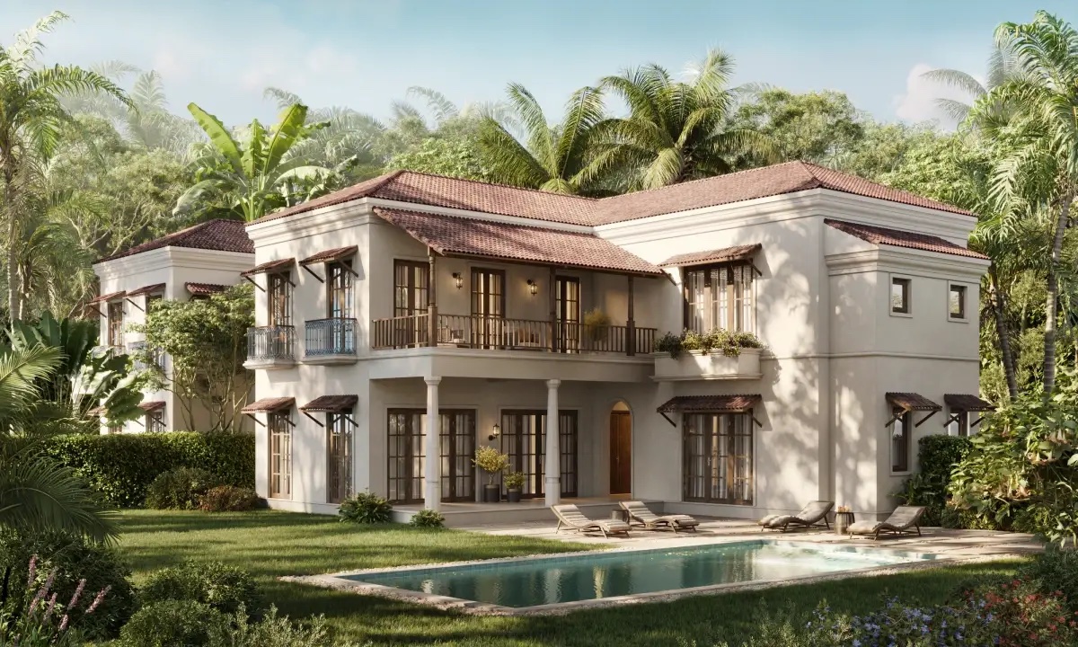 La Arvisa villa with pool and lawn among palms (render)