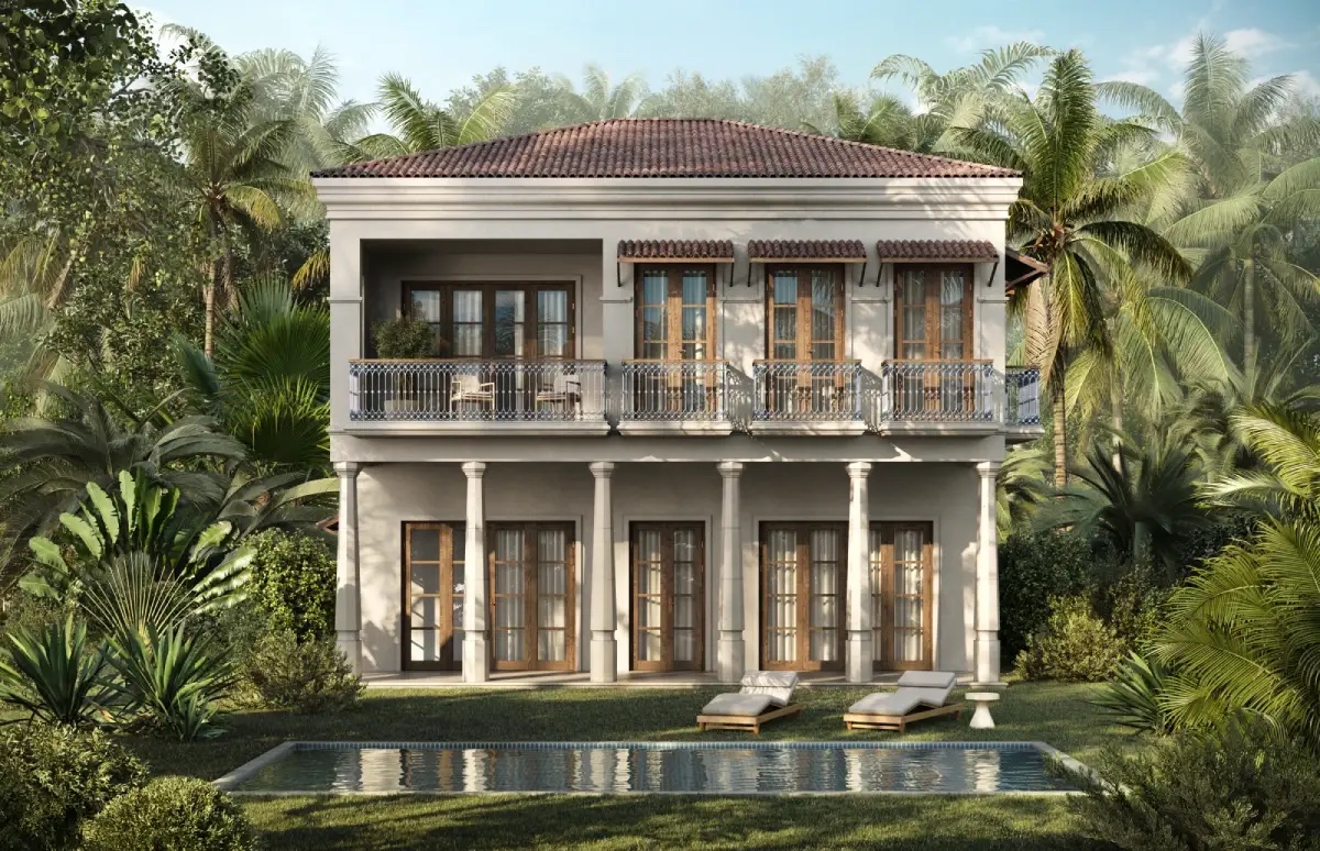 Colonnaded villa front with pool deck (render)