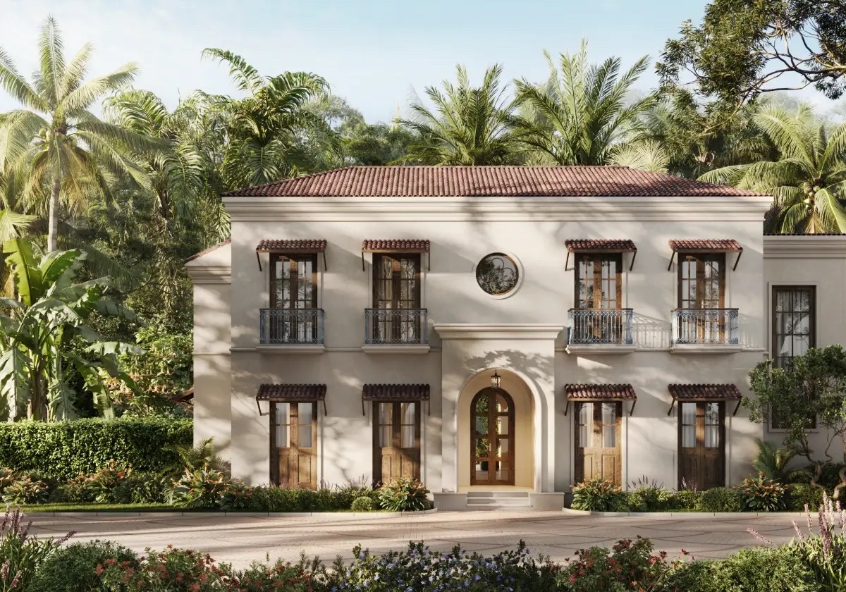 Symmetrical street facade with arched entrance (render)