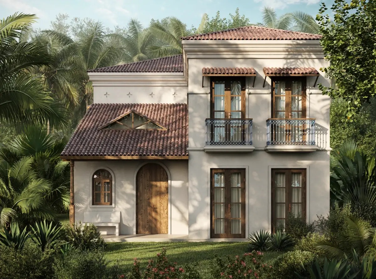 Villa with tiled roofs and wrought-iron balconies (render)