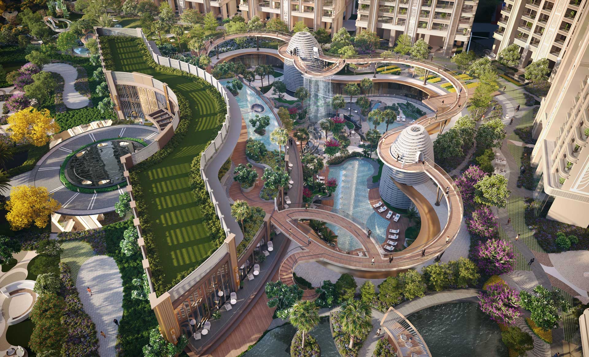 Bird's-eye view of looping walkways and water gardens