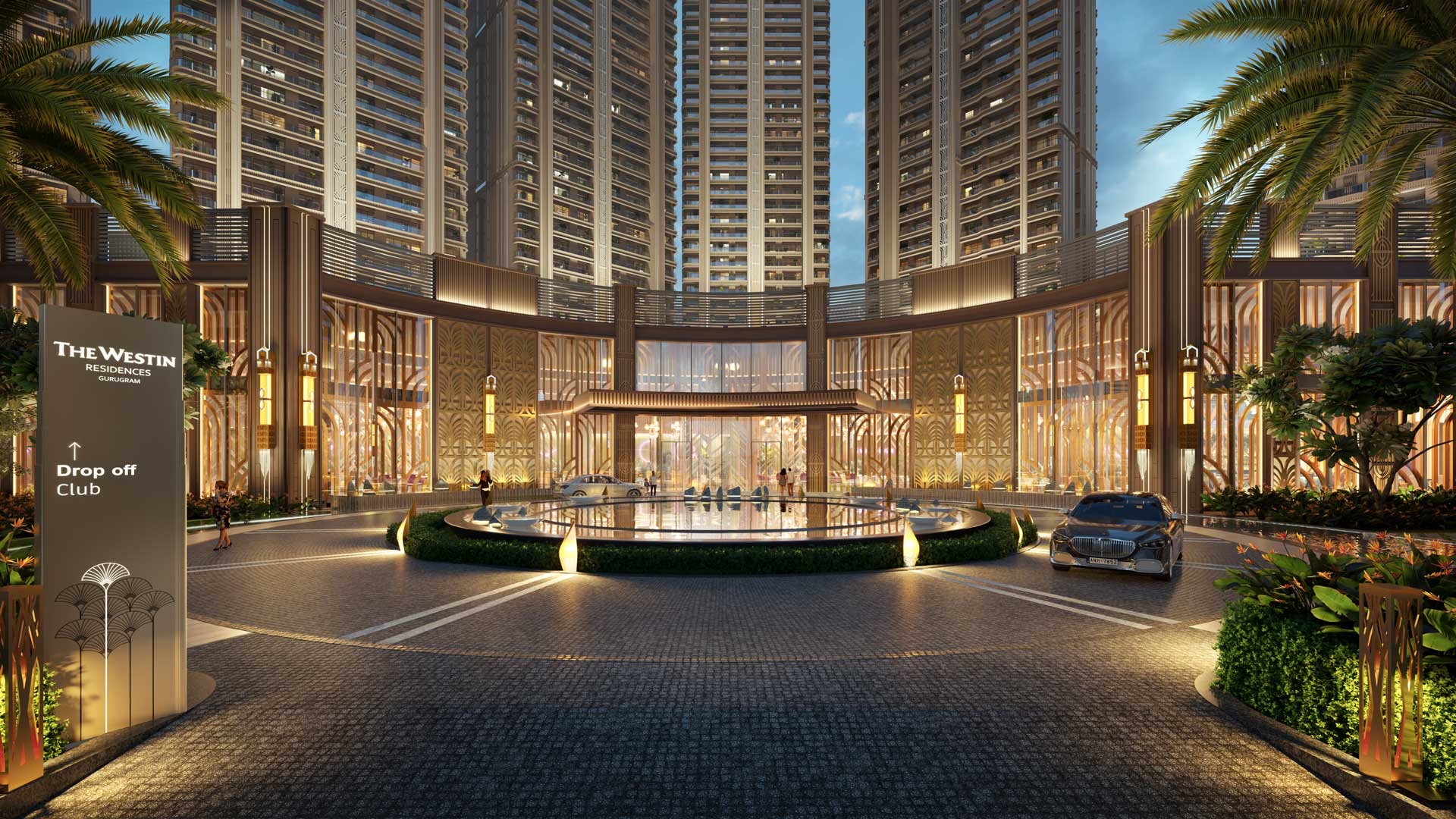Arrival court with fountain and porte-cochère