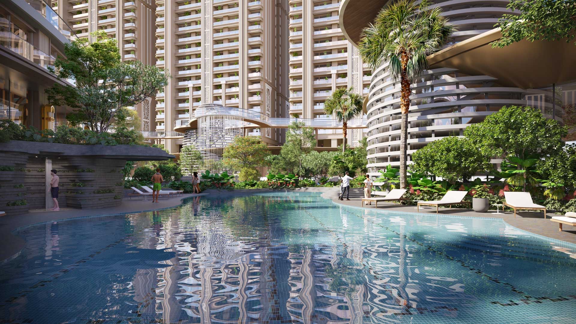 Resort-style pool framed by towers and palms