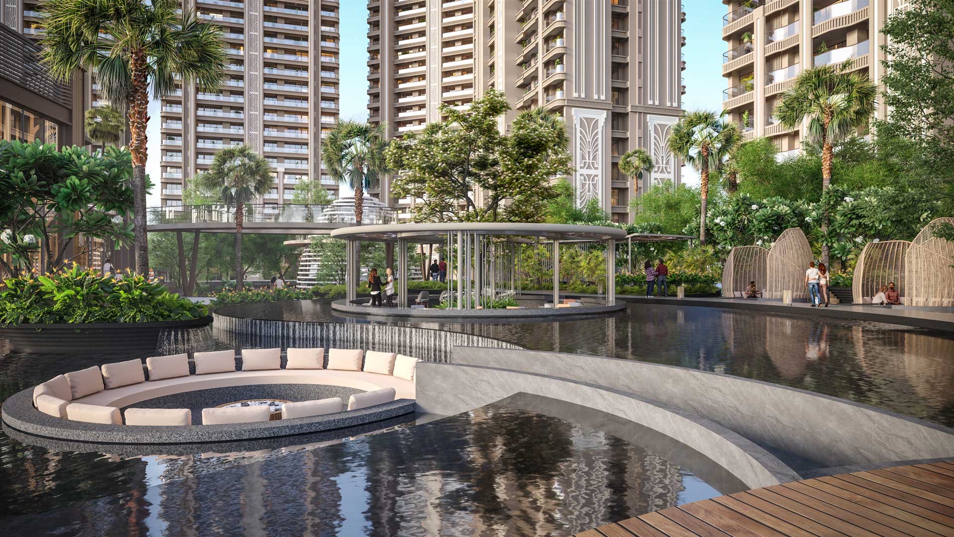 Sunken seating island in a reflecting water court